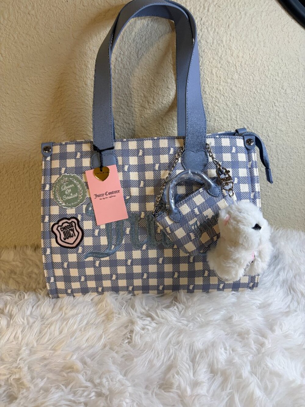 New Release Juicy Couture Study In Style Blue White Checkered Tote Bag Charm NWT
